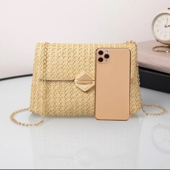 straw bag adjustable gold chain crossbody shoulder Boho spring summer neutral - Picture 5 of 8